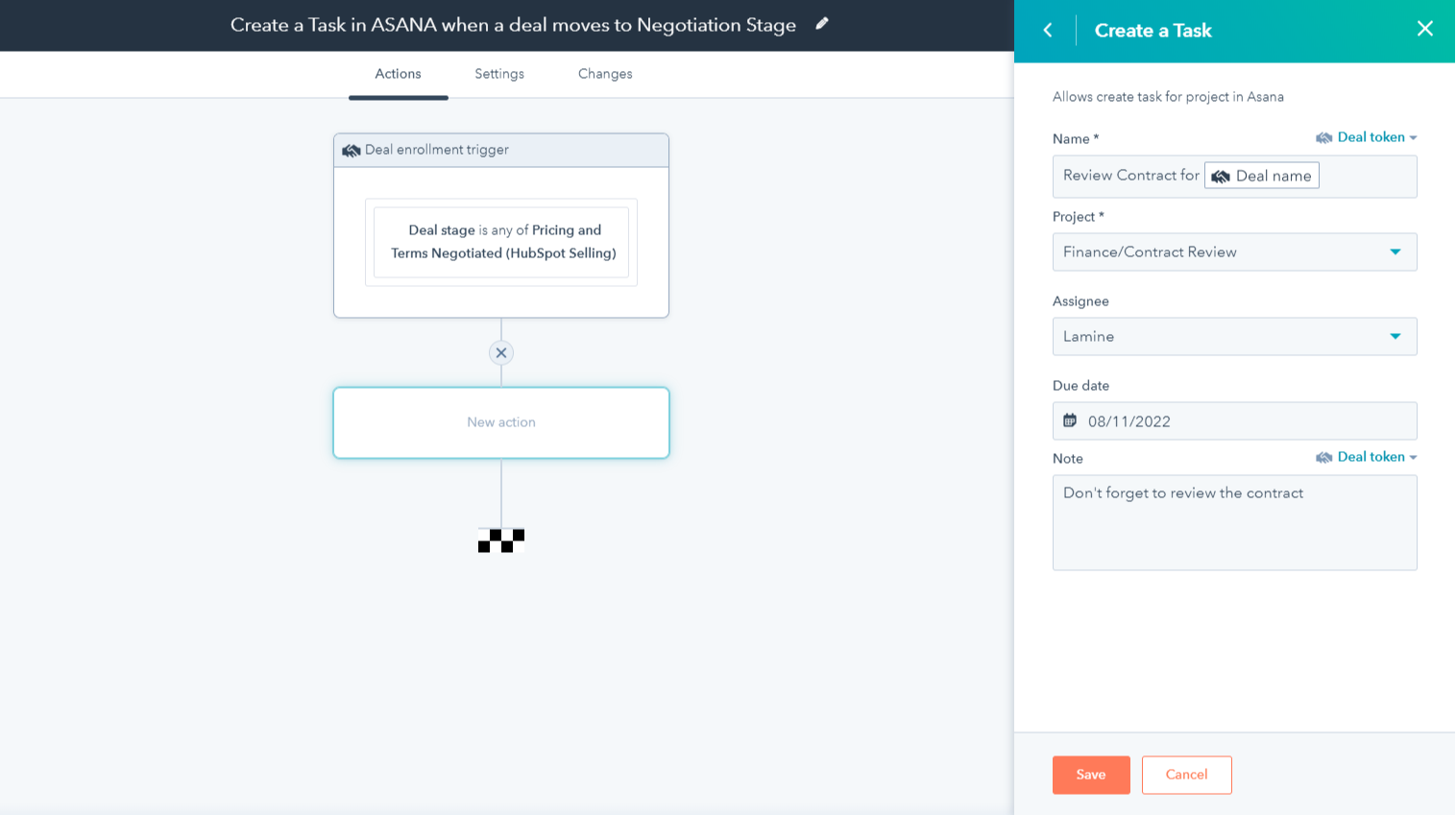 Create a Task in Asana when a Deal moves to Negotiation stage